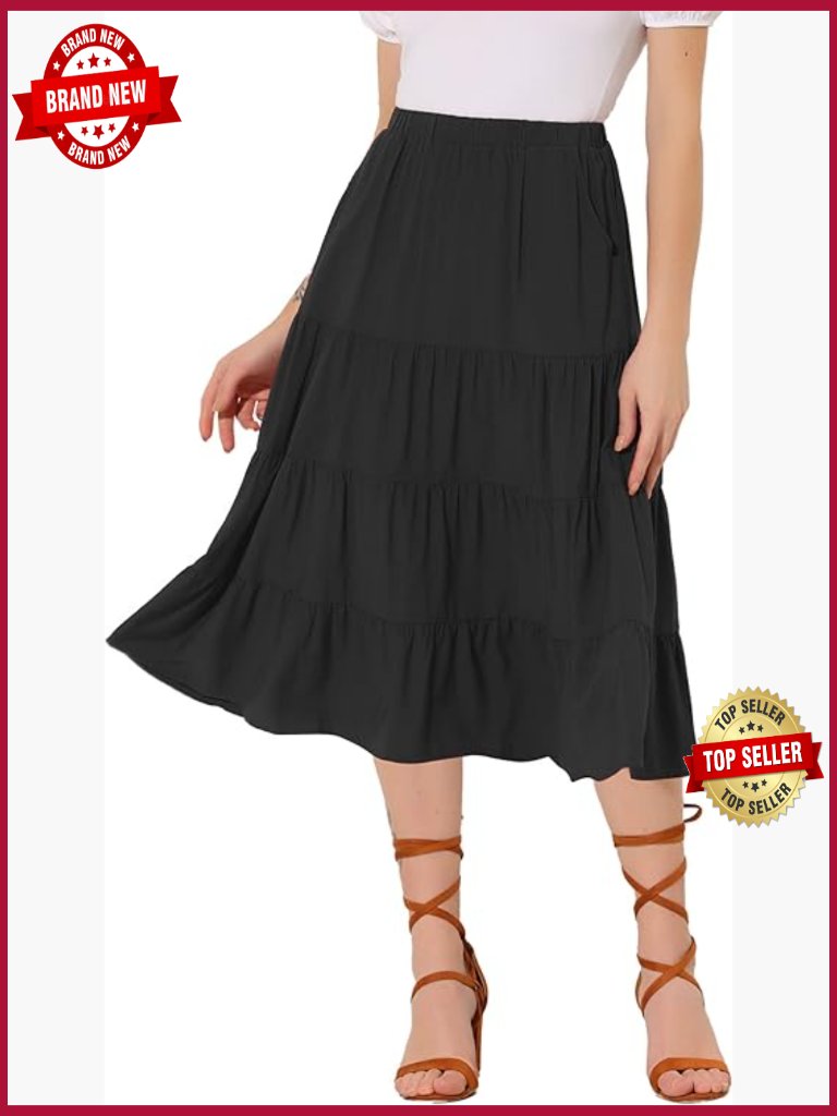 Women's Midi Skirt Flare Tiered Pleated Boho Elastic Waist Long A-Line With